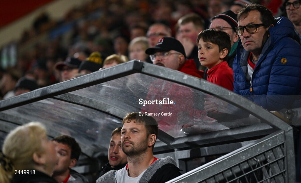 8 May 2026; Ulster captain Iain Henderson watches on after being shown a red card during the United Rugby Championship match between Ulster and DHL Stormers at Affidea Stadium in Belfast. Photo by Ramsey Cardy/Sportsfile