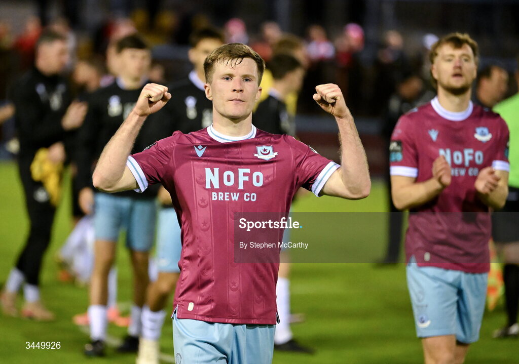 8 May 2026; Conor Kane of Drogheda United celebrates after the SSE Airtricity Men’s Premier Division match between Drogheda United and Derry City at Sullivan & Lambe Park in Drogheda, Louth. Photo by Stephen McCarthy/Sportsfile