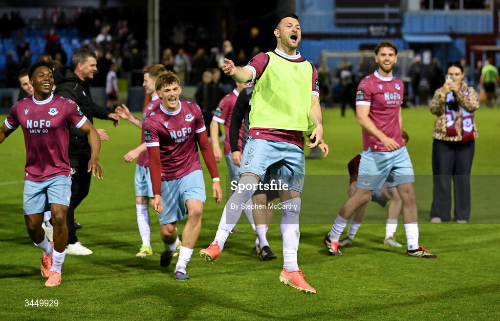 8 May 2026; Ryan Brennan of Drogheda United celebrates after the SSE Airtricity Men’s Premier Division match between Drogheda United and Derry City at Sullivan & Lambe Park in Drogheda, Louth. Photo by Stephen McCarthy/Sportsfile