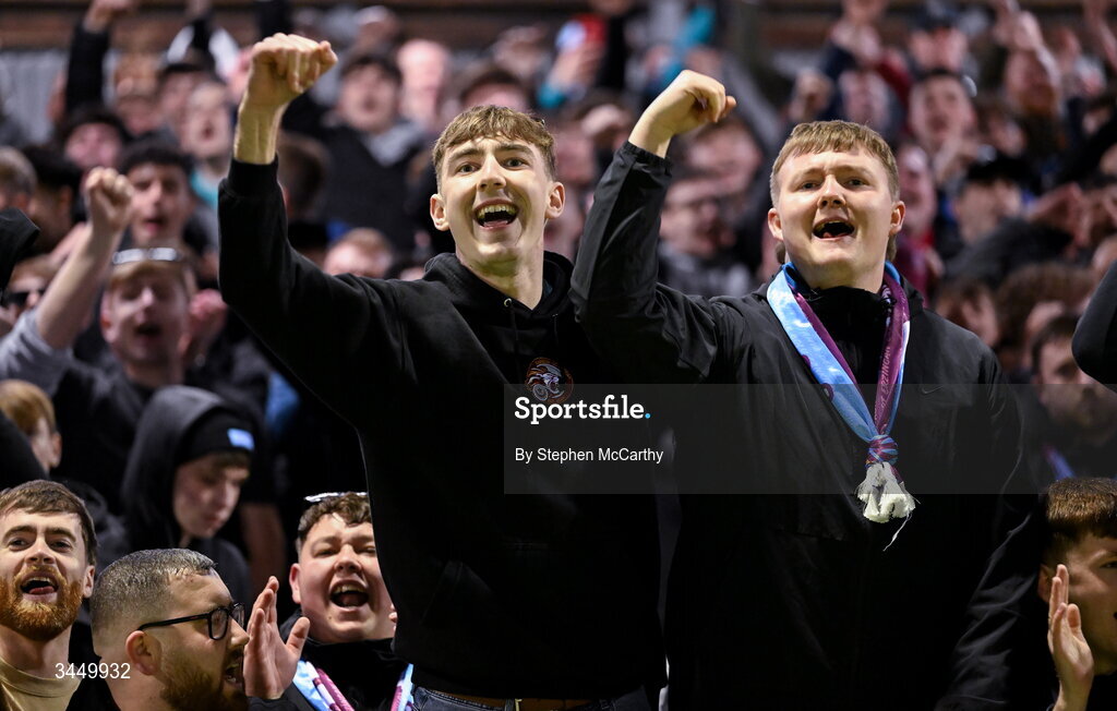 8 May 2026; Drogheda United supporters celebrate after the SSE Airtricity Men’s Premier Division match between Drogheda United and Derry City at Sullivan & Lambe Park in Drogheda, Louth. Photo by Stephen McCarthy/Sportsfile