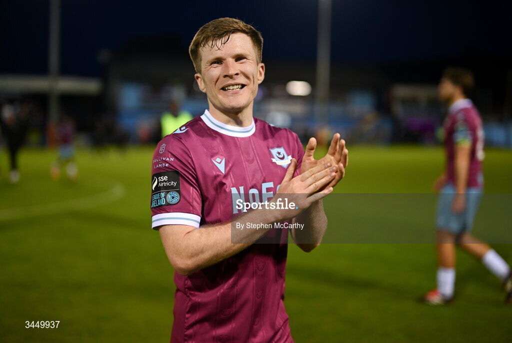 8 May 2026; Conor Kane of Drogheda United celebrates after the SSE Airtricity Men’s Premier Division match between Drogheda United and Derry City at Sullivan & Lambe Park in Drogheda, Louth. Photo by Stephen McCarthy/Sportsfile
