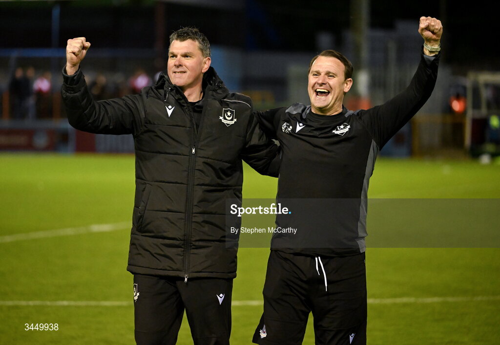 8 May 2026; Drogheda United manager Kevin Doherty and assistant manager Daire Doyle, right, celebrate after the SSE Airtricity Men’s Premier Division match between Drogheda United and Derry City at Sullivan & Lambe Park in Drogheda, Louth. Photo by Stephen McCarthy/Sportsfile