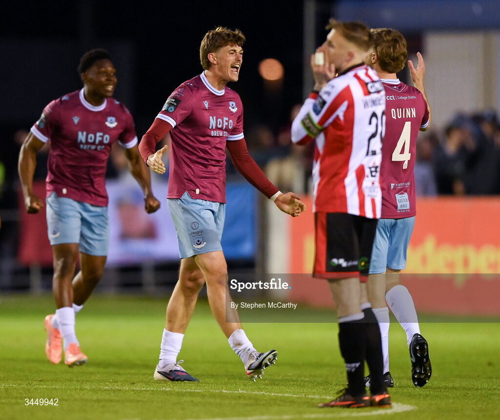8 May 2026; Jago Godden of Drogheda United celebrates after the SSE Airtricity Men’s Premier Division match between Drogheda United and Derry City at Sullivan & Lambe Park in Drogheda, Louth. Photo by Stephen McCarthy/Sportsfile
