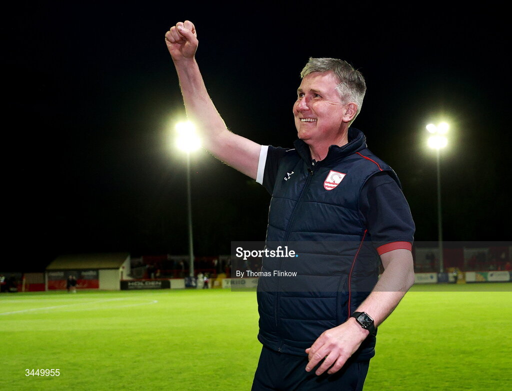 8 May 2026; St Patrick's Athletic manager Stephen Kenny celebrates after his side's victory in the SSE Airtricity Men’s Premier Division match between St Patrick's Athletic and Waterford at Richmond Park in Dublin. Photo by Thomas Flinkow/Sportsfile