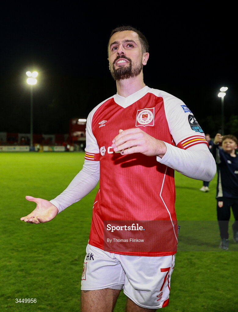 8 May 2026; Zack Elbouzedi of St Patrick's Athletic acknowledges his supporters after his side's victory in the SSE Airtricity Men’s Premier Division match between St Patrick's Athletic and Waterford at Richmond Park in Dublin. Photo by Thomas Flinkow/Sportsfile