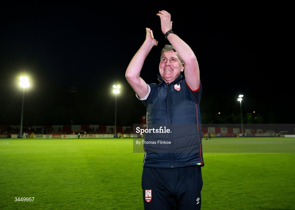 8 May 2026; St Patrick's Athletic manager Stephen Kenny celebrates after his side's victory in the SSE Airtricity Men’s Premier Division match between St Patrick's Athletic and Waterford at Richmond Park in Dublin. Photo by Thomas Flinkow/Sportsfile