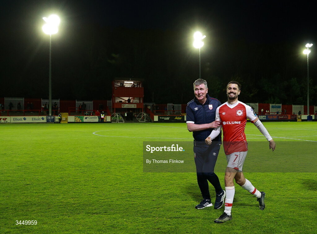 8 May 2026; St Patrick's Athletic manager Stephen Kenny and Zack Elbouzedi after their side's victory in the SSE Airtricity Men’s Premier Division match between St Patrick's Athletic and Waterford at Richmond Park in Dublin. Photo by Thomas Flinkow/Sportsfile