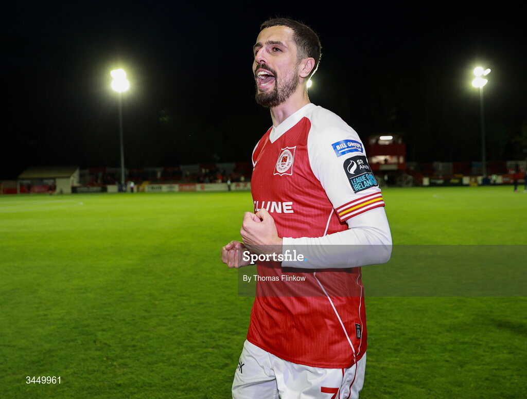 8 May 2026; Zack Elbouzedi of St Patrick's Athletic acknowledges his supporters after his side's victory in the SSE Airtricity Men’s Premier Division match between St Patrick's Athletic and Waterford at Richmond Park in Dublin. Photo by Thomas Flinkow/Sportsfile