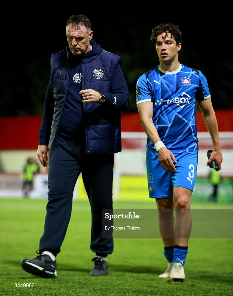 8 May 2026; Waterford manager Graham Coughlan and Bernardo Couto leave the pitch after their side's defeat in the SSE Airtricity Men’s Premier Division match between St Patrick's Athletic and Waterford at Richmond Park in Dublin. Photo by Thomas Flinkow/Sportsfile