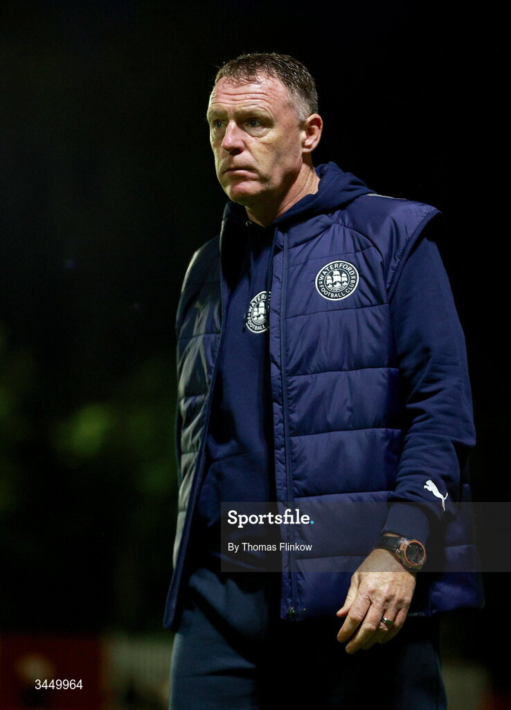 8 May 2026; Waterford manager Graham Coughlan leaves the pitch after his side's defeat in the SSE Airtricity Men’s Premier Division match between St Patrick's Athletic and Waterford at Richmond Park in Dublin. Photo by Thomas Flinkow/Sportsfile