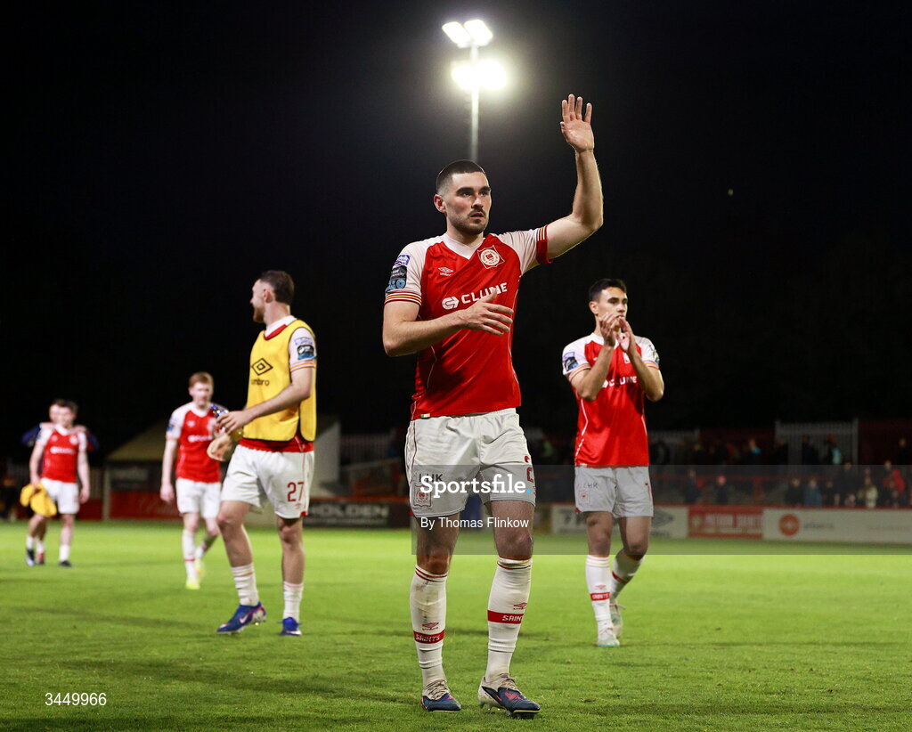 8 May 2026; Luke Turner of St Patrick's Athletic leaves the pitch after the SSE Airtricity Men’s Premier Division match between St Patrick's Athletic and Waterford at Richmond Park in Dublin. Photo by Thomas Flinkow/Sportsfile