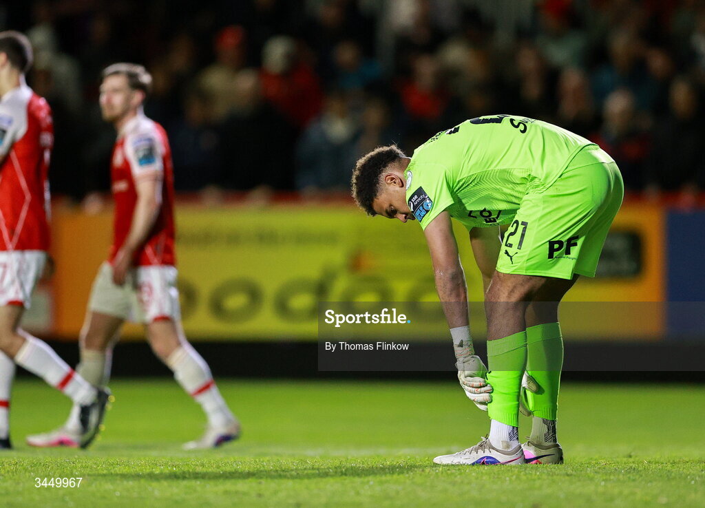 8 May 2026; Waterford goalkeeper Arlo Doherty reacts after conceding a fourth goal during the SSE Airtricity Men’s Premier Division match between St Patrick's Athletic and Waterford at Richmond Park in Dublin. Photo by Thomas Flinkow/Sportsfile