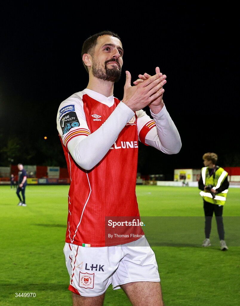 8 May 2026; Zack Elbouzedi of St Patrick's Athletic acknowledges his supporters after his side's victory in the SSE Airtricity Men’s Premier Division match between St Patrick's Athletic and Waterford at Richmond Park in Dublin. Photo by Thomas Flinkow/Sportsfile