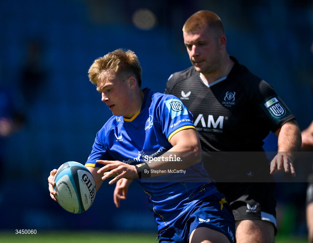 9 May 2026; Ciarán Mangan of Leinster on his way to scoring his side's third try during the IRFU Interprovincial A Championship match between Leinster A and Ulster A at Energia Park in Dublin. Photo by Stephen McCarthy/Sportsfile