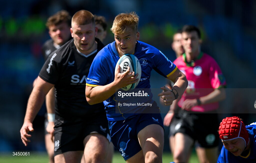 9 May 2026; Ciarán Mangan of Leinster on his way to scoring his side's third try during the IRFU Interprovincial A Championship match between Leinster A and Ulster A at Energia Park in Dublin. Photo by Stephen McCarthy/Sportsfile
