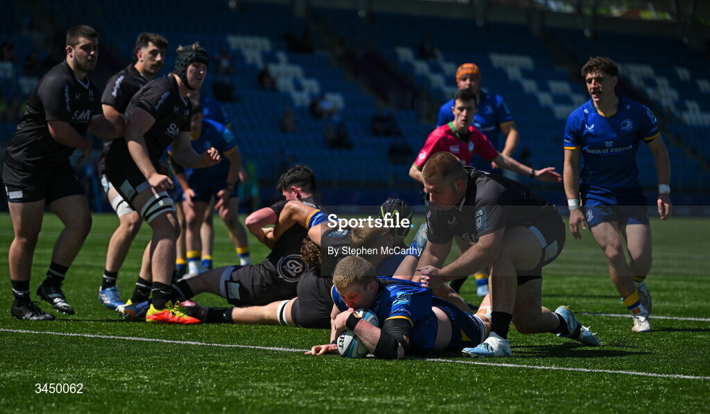 9 May 2026; Conor O’Tighearnaigh of Leinster scores his side's first try during the IRFU Interprovincial A Championship match between Leinster A and Ulster A at Energia Park in Dublin. Photo by Stephen McCarthy/Sportsfile