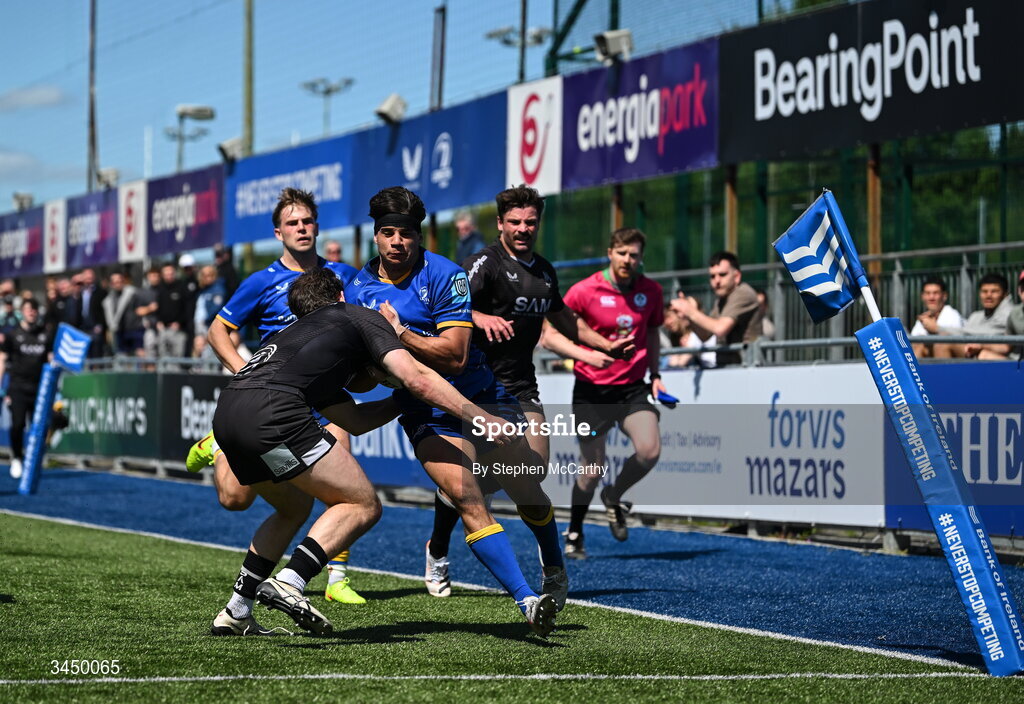 9 May 2026; Inigo Cruise-O’Brien of Leinster on his way to scoring his side's fourth try despite the tackle of Bradley McNamara of Ulster during the IRFU Interprovincial A Championship match between Leinster A and Ulster A at Energia Park in Dublin. Photo by Stephen McCarthy/Sportsfile