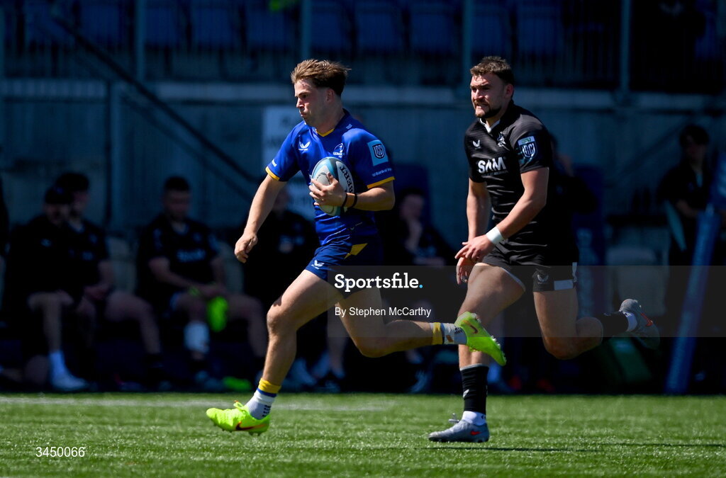 9 May 2026; Hugo McLaughlin of Leinster on his way to scoring his side's fifth try during the IRFU Interprovincial A Championship match between Leinster A and Ulster A at Energia Park in Dublin. Photo by Stephen McCarthy/Sportsfile