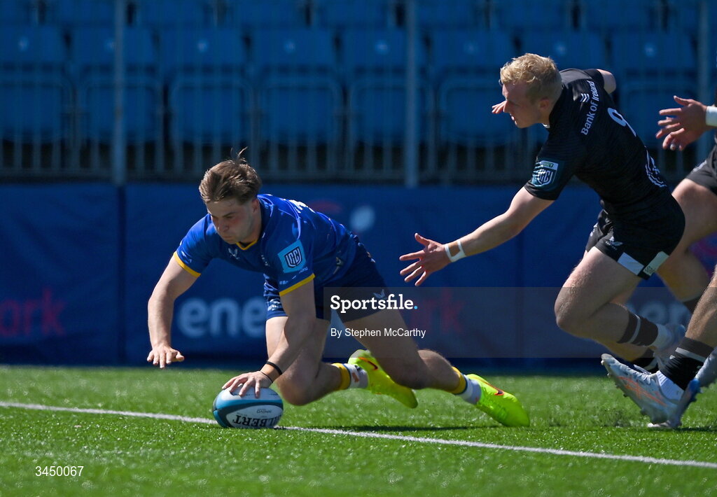 9 May 2026; Hugo McLaughlin of Leinster scores his side's fifth try during the IRFU Interprovincial A Championship match between Leinster A and Ulster A at Energia Park in Dublin. Photo by Stephen McCarthy/Sportsfile
