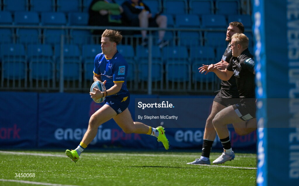 9 May 2026; Hugo McLaughlin of Leinster on his way to scoring his side's fifth try during the IRFU Interprovincial A Championship match between Leinster A and Ulster A at Energia Park in Dublin. Photo by Stephen McCarthy/Sportsfile