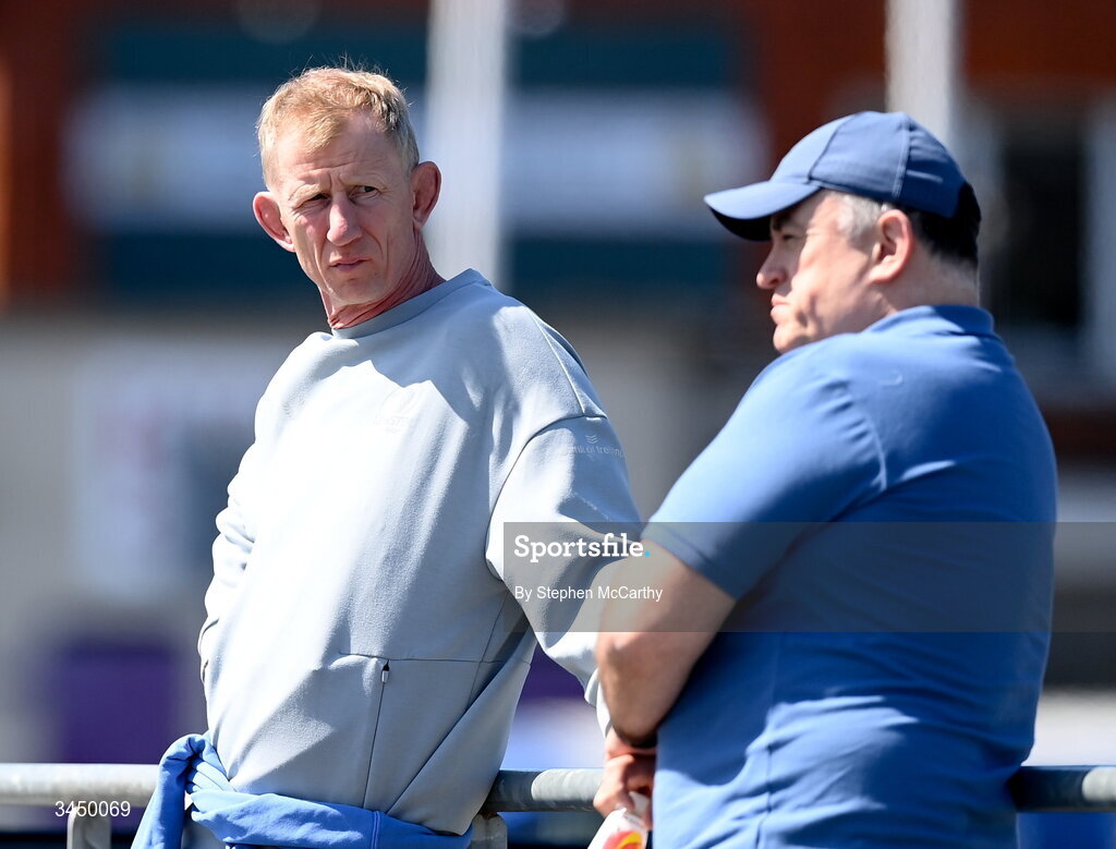 9 May 2026; Leinster head coach Leo Cullen, left, during the IRFU Interprovincial A Championship match between Leinster A and Ulster A at Energia Park in Dublin. Photo by Stephen McCarthy/Sportsfile