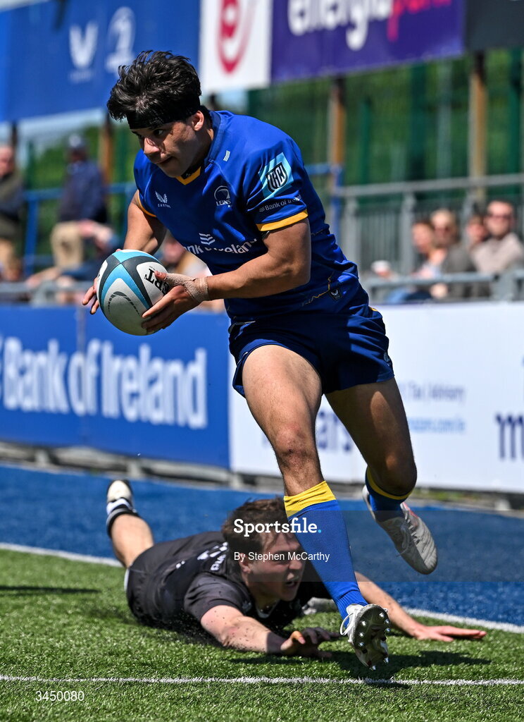 9 May 2026; Inigo Cruise-O’Brien of Leinster on his way to scoring his side's seventh try, despite the tackle of Bradley McNamara of Ulster during the IRFU Interprovincial A Championship match between Leinster A and Ulster A at Energia Park in Dublin. Photo by Stephen McCarthy/Sportsfile