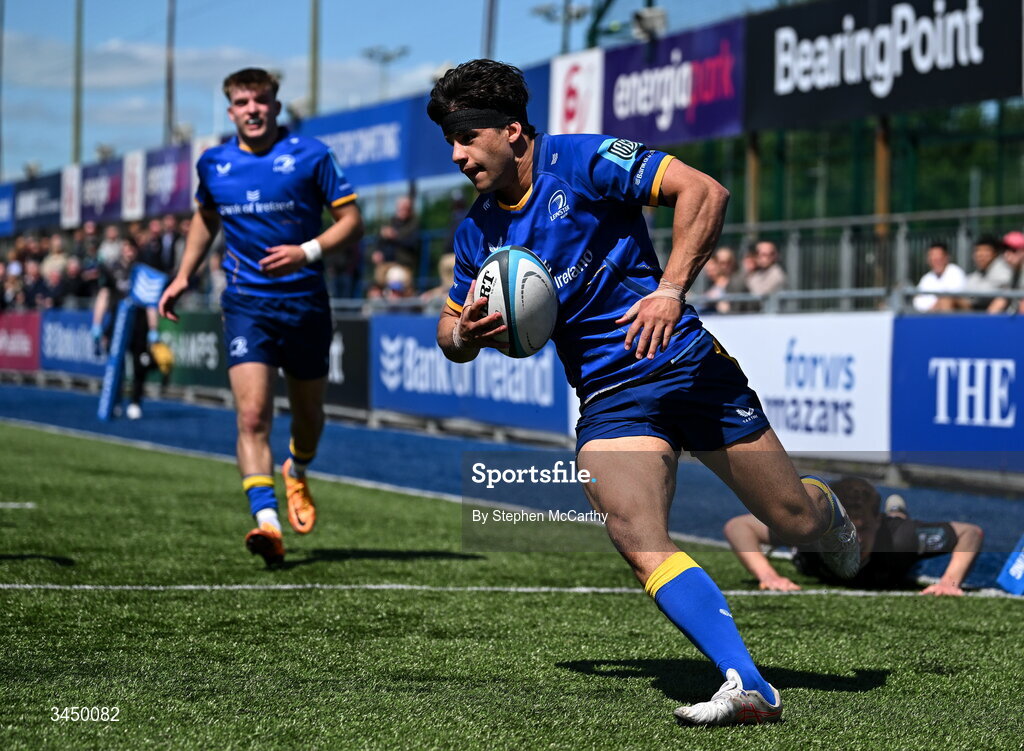 9 May 2026; Inigo Cruise-O’Brien of Leinster scores his side's seventh try during the IRFU Interprovincial A Championship match between Leinster A and Ulster A at Energia Park in Dublin. Photo by Stephen McCarthy/Sportsfile