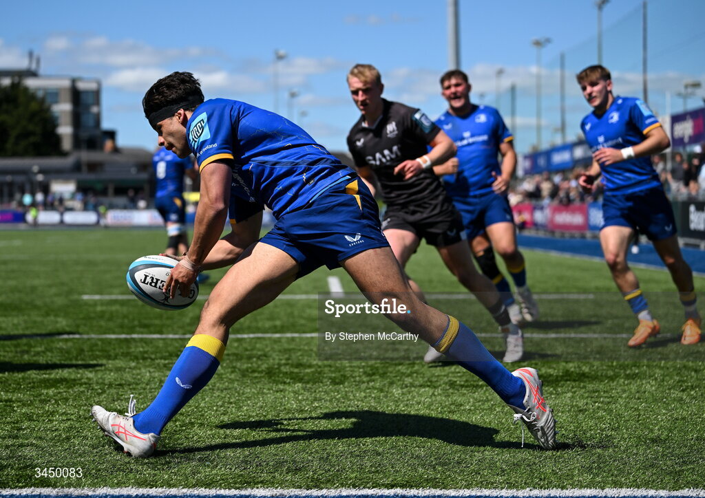 9 May 2026; Inigo Cruise-O’Brien of Leinster scores his side's seventh try during the IRFU Interprovincial A Championship match between Leinster A and Ulster A at Energia Park in Dublin. Photo by Stephen McCarthy/Sportsfile