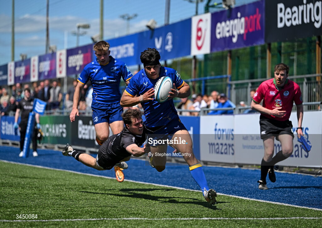 9 May 2026; Inigo Cruise-O’Brien of Leinster on his way to scoring his side's seventh try, despite the tackle of Bradley McNamara of Ulster during the IRFU Interprovincial A Championship match between Leinster A and Ulster A at Energia Park in Dublin. Photo by Stephen McCarthy/Sportsfile