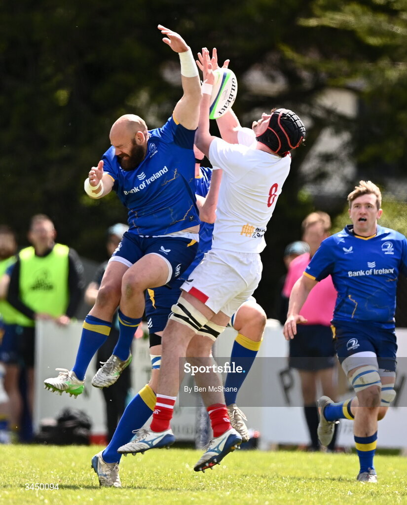 9 May 2026; Dewald Bernard of Leinster and Michael Rooney of Ulster contest a high-ball during the IRFU Men's Junior Interprovincial Round 3 match between Ulster and Leinster at Lisburn RFC in Lisburn, Antrim. Photo by Ben McShane/Sportsfile
