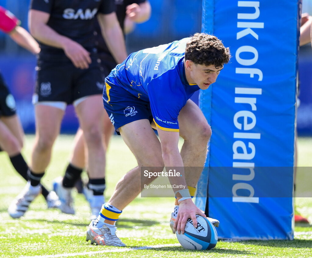 9 May 2026; Cormac Foley of Leinster scores his side's eighth try during the IRFU Interprovincial A Championship match between Leinster A and Ulster A at Energia Park in Dublin. Photo by Stephen McCarthy/Sportsfile