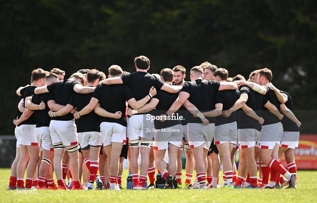 9 May 2026; Ulster players huddle before the IRFU Men's Junior Interprovincial Round 3 match between Ulster and Leinster at Lisburn RFC in Lisburn, Antrim. Photo by Ben McShane/Sportsfile