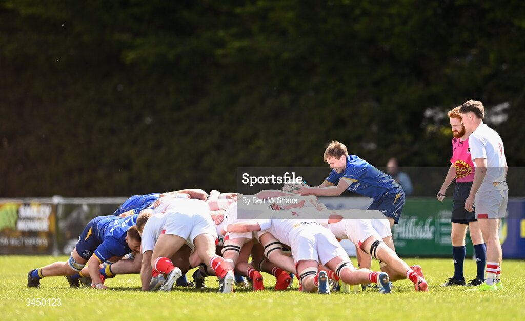 9 May 2026; Ruairi Fenlon of Leinster feeds a scrum during the IRFU Men's Junior Interprovincial Round 3 match between Ulster and Leinster at Lisburn RFC in Lisburn, Antrim. Photo by Ben McShane/Sportsfile