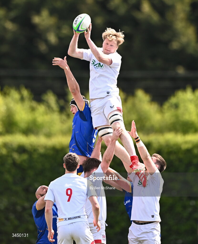 9 May 2026; Richard Dickson of Ulster wins possession in the lineout against Jake Caldbeck of Leinster during the IRFU Men's Junior Interprovincial Round 3 match between Ulster and Leinster at Lisburn RFC in Lisburn, Antrim. Photo by Ben McShane/Sportsfile