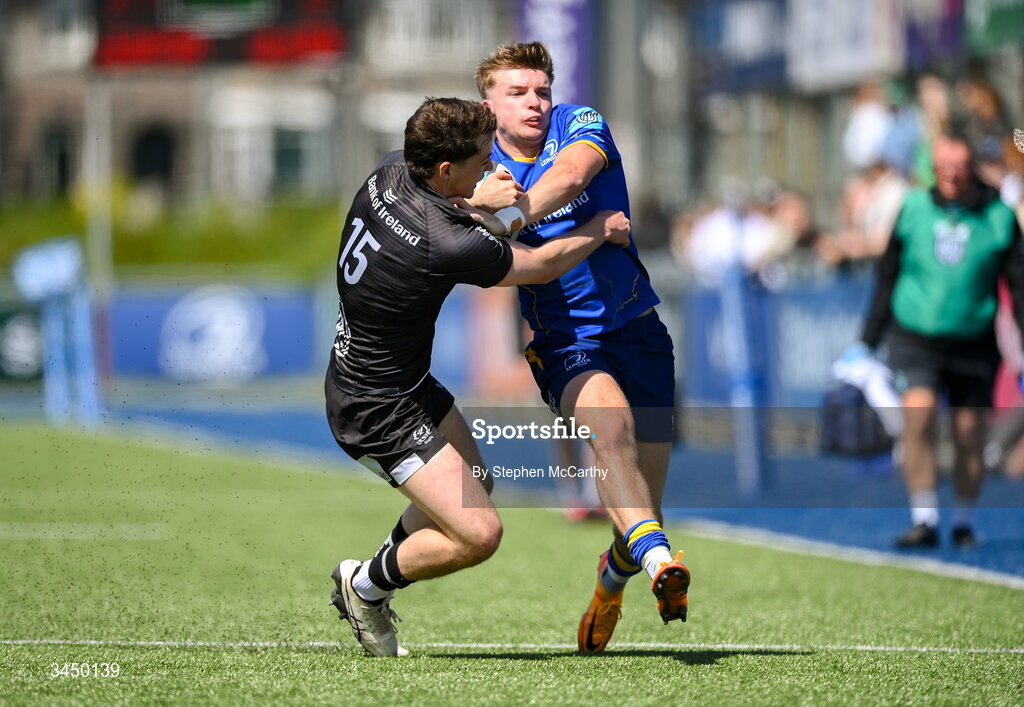 9 May 2026; Jonny O’Sullivan of Leinster is tackled by Bradley McNamara of Ulster during the IRFU Interprovincial A Championship match between Leinster A and Ulster A at Energia Park in Dublin. Photo by Stephen McCarthy/Sportsfile