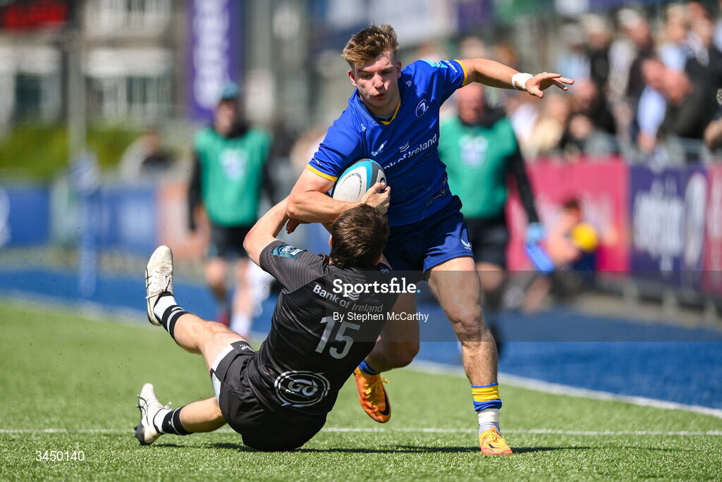 9 May 2026; Jonny O’Sullivan of Leinster is tackled by Bradley McNamara of Ulster during the IRFU Interprovincial A Championship match between Leinster A and Ulster A at Energia Park in Dublin. Photo by Stephen McCarthy/Sportsfile