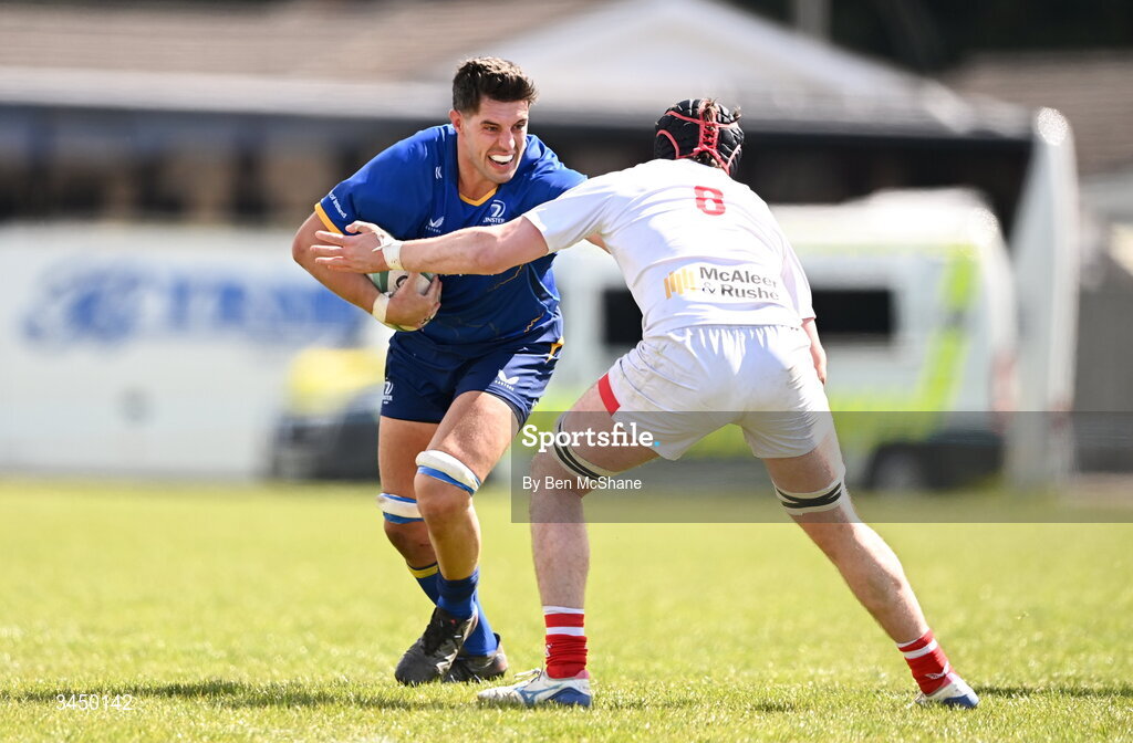 9 May 2026; Greg Culhane of Leinster is tackled by Michael Rooney of Ulster during the IRFU Men's Junior Interprovincial Round 3 match between Ulster and Leinster at Lisburn RFC in Lisburn, Antrim. Photo by Ben McShane/Sportsfile