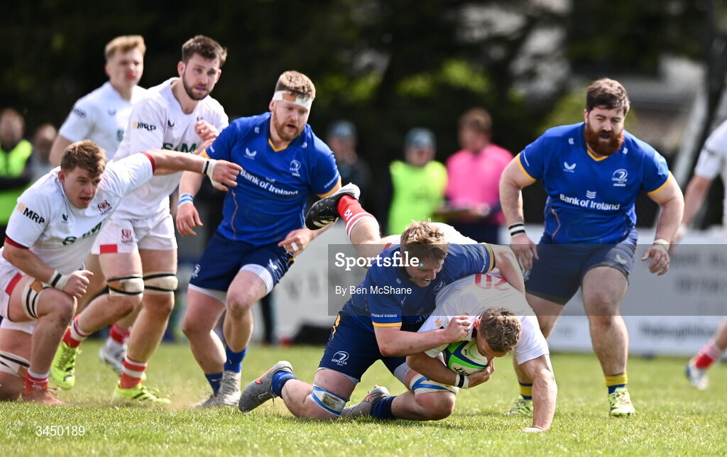 9 May 2026; Jack Rutledge of Ulster is tackled by Garry Dunne of Leinster during the IRFU Men's Junior Interprovincial Round 3 match between Ulster and Leinster at Lisburn RFC in Lisburn, Antrim. Photo by Ben McShane/Sportsfile