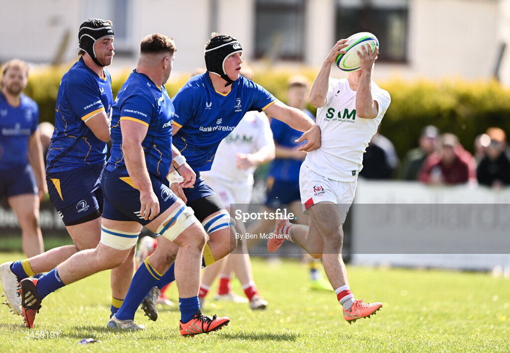 9 May 2026; Sam Balfour of Ulster gathers possession on his way to scoring a try during the IRFU Men's Junior Interprovincial Round 3 match between Ulster and Leinster at Lisburn RFC in Lisburn, Antrim. Photo by Ben McShane/Sportsfile