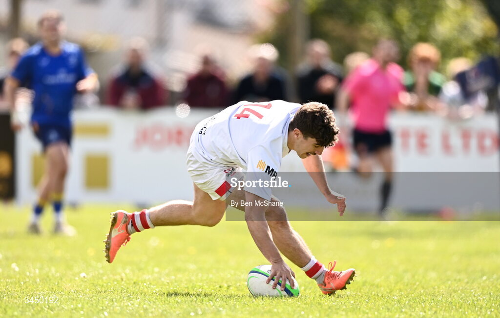 9 May 2026; Sam Balfour of Ulster scores a try during the IRFU Men's Junior Interprovincial Round 3 match between Ulster and Leinster at Lisburn RFC in Lisburn, Antrim. Photo by Ben McShane/Sportsfile