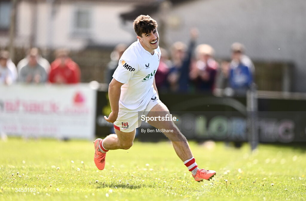 9 May 2026; Sam Balfour of Ulster celebrates after scoring a try during the IRFU Men's Junior Interprovincial Round 3 match between Ulster and Leinster at Lisburn RFC in Lisburn, Antrim. Photo by Ben McShane/Sportsfile
