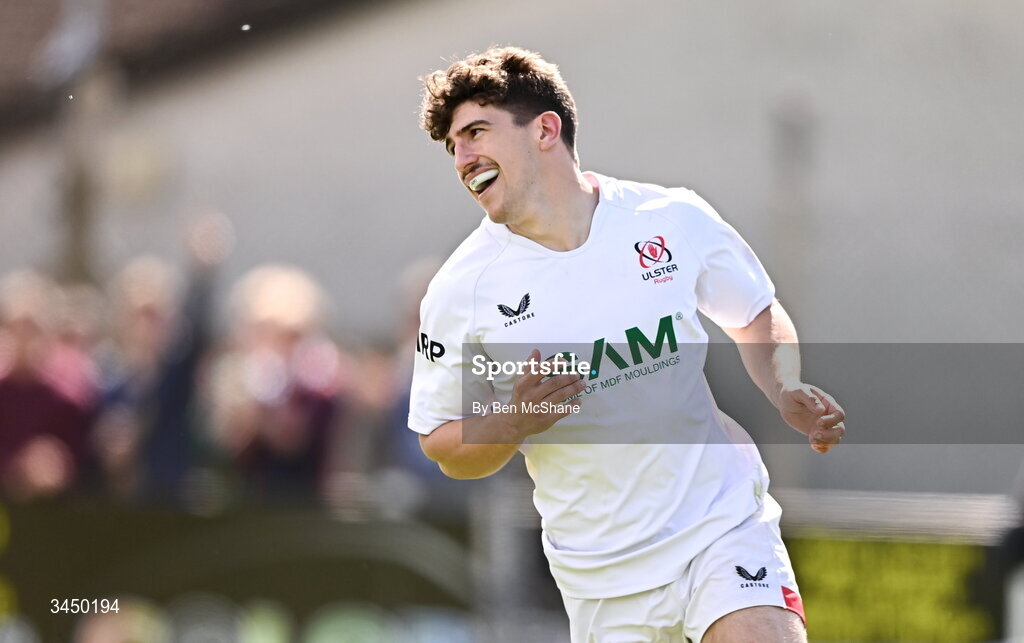 9 May 2026; Sam Balfour of Ulster celebrates after scoring a try during the IRFU Men's Junior Interprovincial Round 3 match between Ulster and Leinster at Lisburn RFC in Lisburn, Antrim. Photo by Ben McShane/Sportsfile