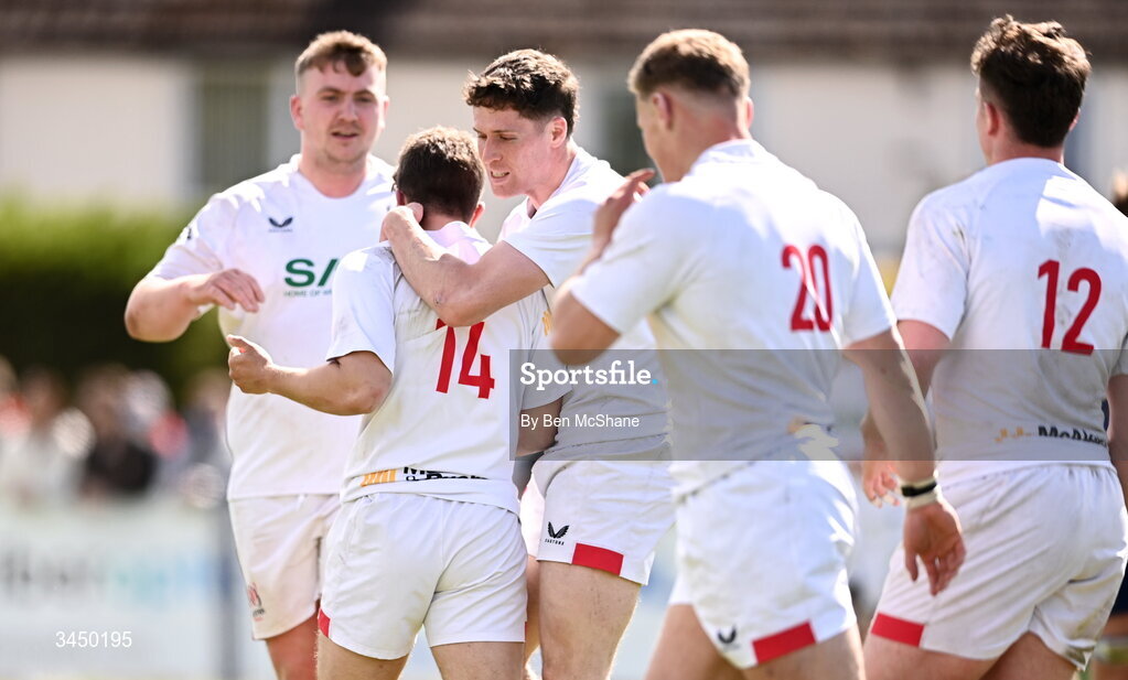 9 May 2026; Sam Balfour of Ulster, 14, celebrates with teammates after scoring a try during the IRFU Men's Junior Interprovincial Round 3 match between Ulster and Leinster at Lisburn RFC in Lisburn, Antrim. Photo by Ben McShane/Sportsfile