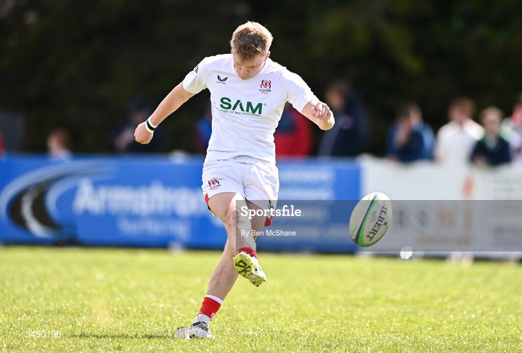 9 May 2026; Eddie Keys of Ulster kicks a conversion during the IRFU Men's Junior Interprovincial Round 3 match between Ulster and Leinster at Lisburn RFC in Lisburn, Antrim. Photo by Ben McShane/Sportsfile