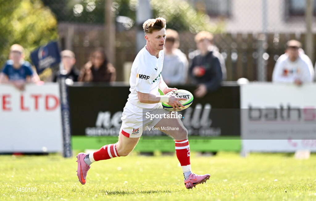 9 May 2026; James Ferguson of Ulster runs in to score a try during the IRFU Men's Junior Interprovincial Round 3 match between Ulster and Leinster at Lisburn RFC in Lisburn, Antrim. Photo by Ben McShane/Sportsfile