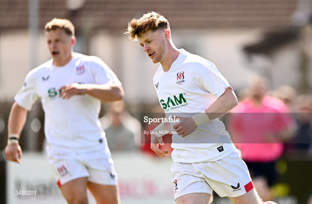 9 May 2026; James Ferguson of Ulster after scoring a try during the IRFU Men's Junior Interprovincial Round 3 match between Ulster and Leinster at Lisburn RFC in Lisburn, Antrim. Photo by Ben McShane/Sportsfile