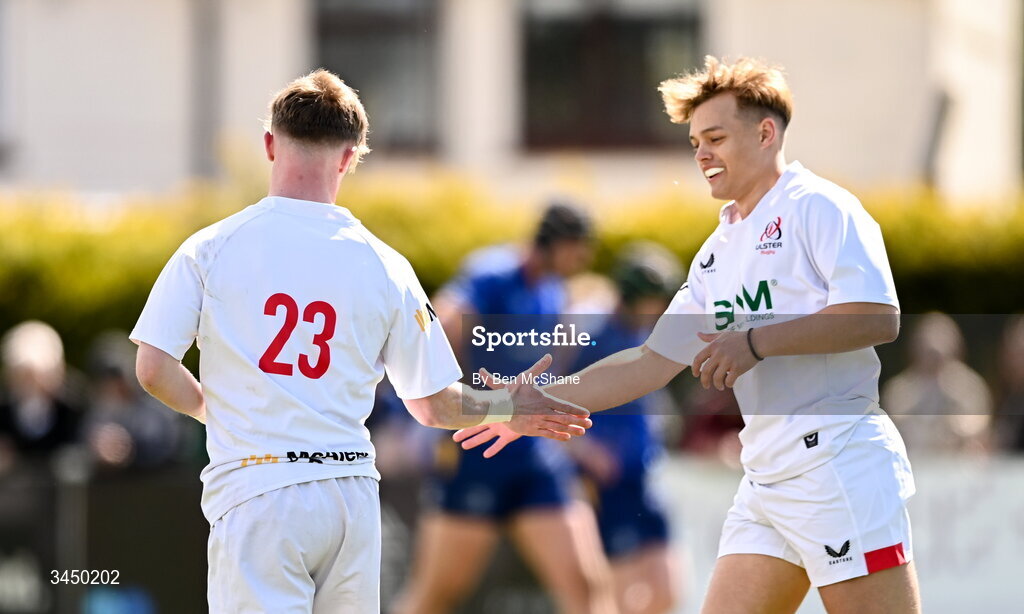 9 May 2026; James Ferguson of Ulster, 23, celebrates with teammate James Wright after scoring a try during the IRFU Men's Junior Interprovincial Round 3 match between Ulster and Leinster at Lisburn RFC in Lisburn, Antrim. Photo by Ben McShane/Sportsfile