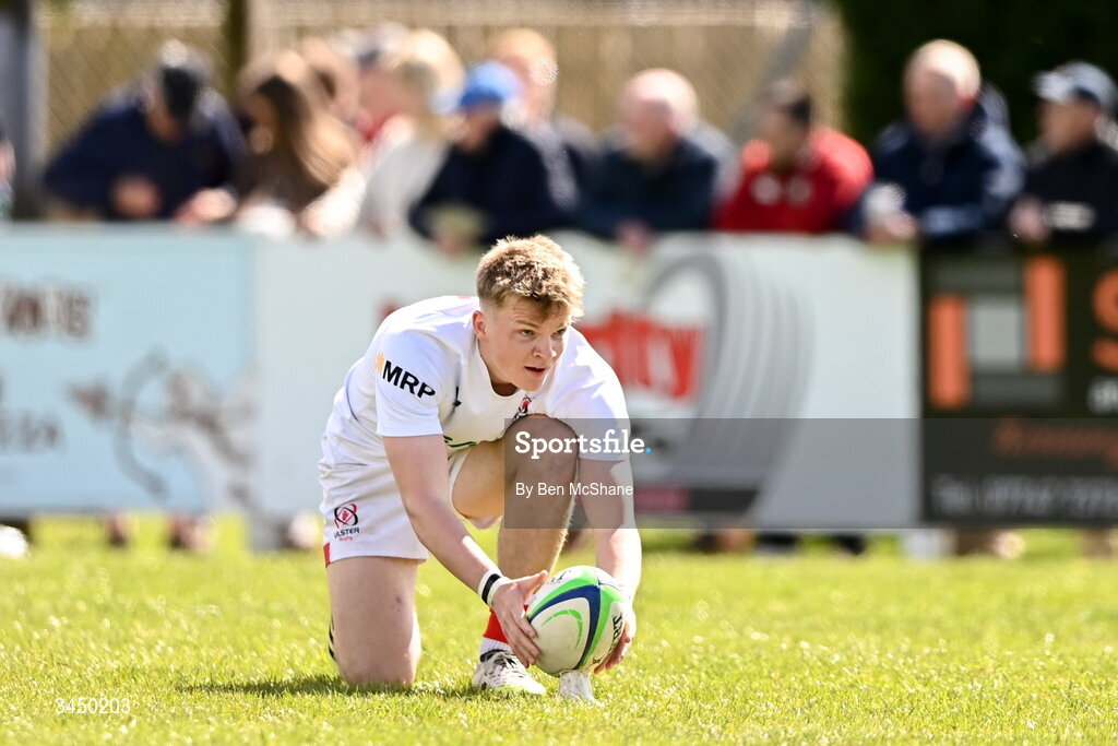 9 May 2026; Eddie Keys of Ulster prepares to kick a conversion during the IRFU Men's Junior Interprovincial Round 3 match between Ulster and Leinster at Lisburn RFC in Lisburn, Antrim. Photo by Ben McShane/Sportsfile