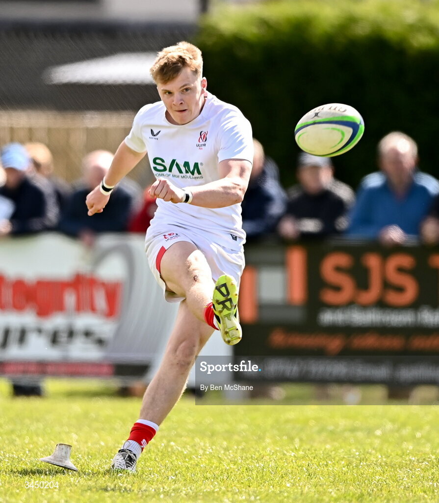 9 May 2026; Eddie Keys of Ulster kicks a conversion during the IRFU Men's Junior Interprovincial Round 3 match between Ulster and Leinster at Lisburn RFC in Lisburn, Antrim. Photo by Ben McShane/Sportsfile