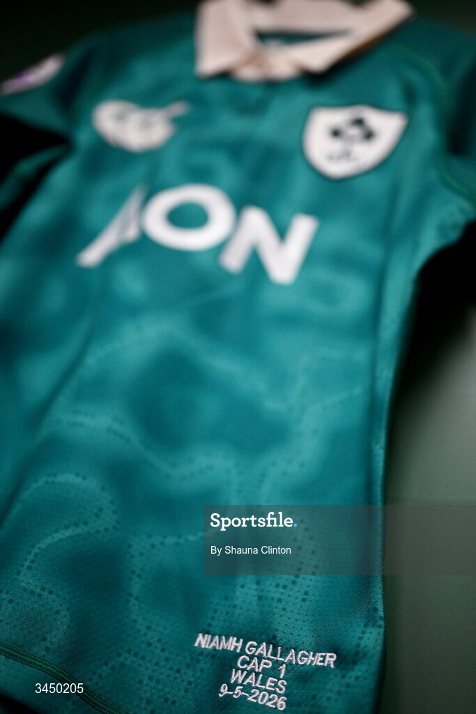 9 May 2026; The jersey of Niamh Gallagher of Ireland is seen hanging in the dressing room ahead of the Women's 6 Nations Rugby Championship match between Ireland and Wales at Affidea Stadium in Belfast. Photo by Shauna Clinton/Sportsfile
